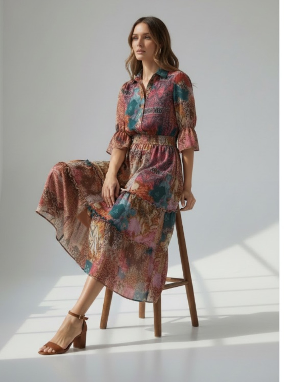 Chico's Multi-Color Floral Patchwork  Tapestry Maxi Midi Dress Size M